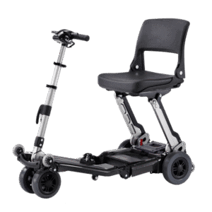 Luggie Black folding mobility scooter side view showing compact design with seat and handlebars