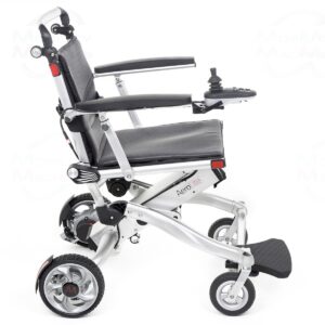 Motion Healthcare Aerolite electric wheelchair side view showing white frame, joystick control and folding design
