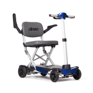 Drive Manual Fold+ Ultra-Light folding mobility scooter in blue, side view showing seat and handlebars