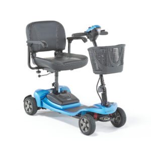 Motion Healthcare Lithilite mobility scooter in blue, three-quarter view with basket and padded seat