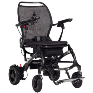 Drive DeVilbiss AirFold Carbon Fibre Powerchair - black electric wheelchair three-quarter view
