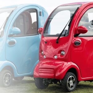 Red and blue enclosed mobility scooter cars with full weather protection