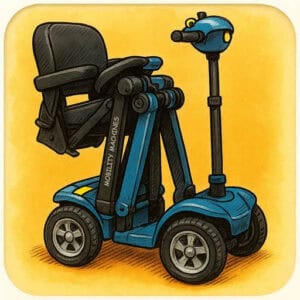 Blue folding mobility scooter with black seat and adjustable steering column