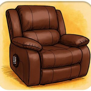 Brown leather rise and recline chair with control panel and padded cushions