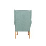 Back view of mint green Queen Anne fireside chair with wooden legs