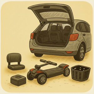 Mobility scooter with basket and seat cushion next to open car trunk