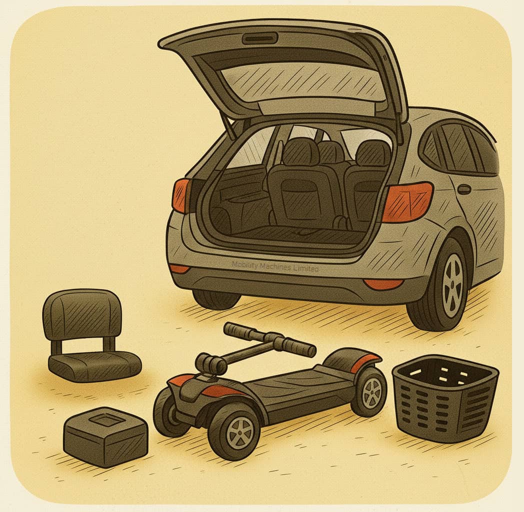 Mobility scooter with basket and seat cushion next to open car trunk