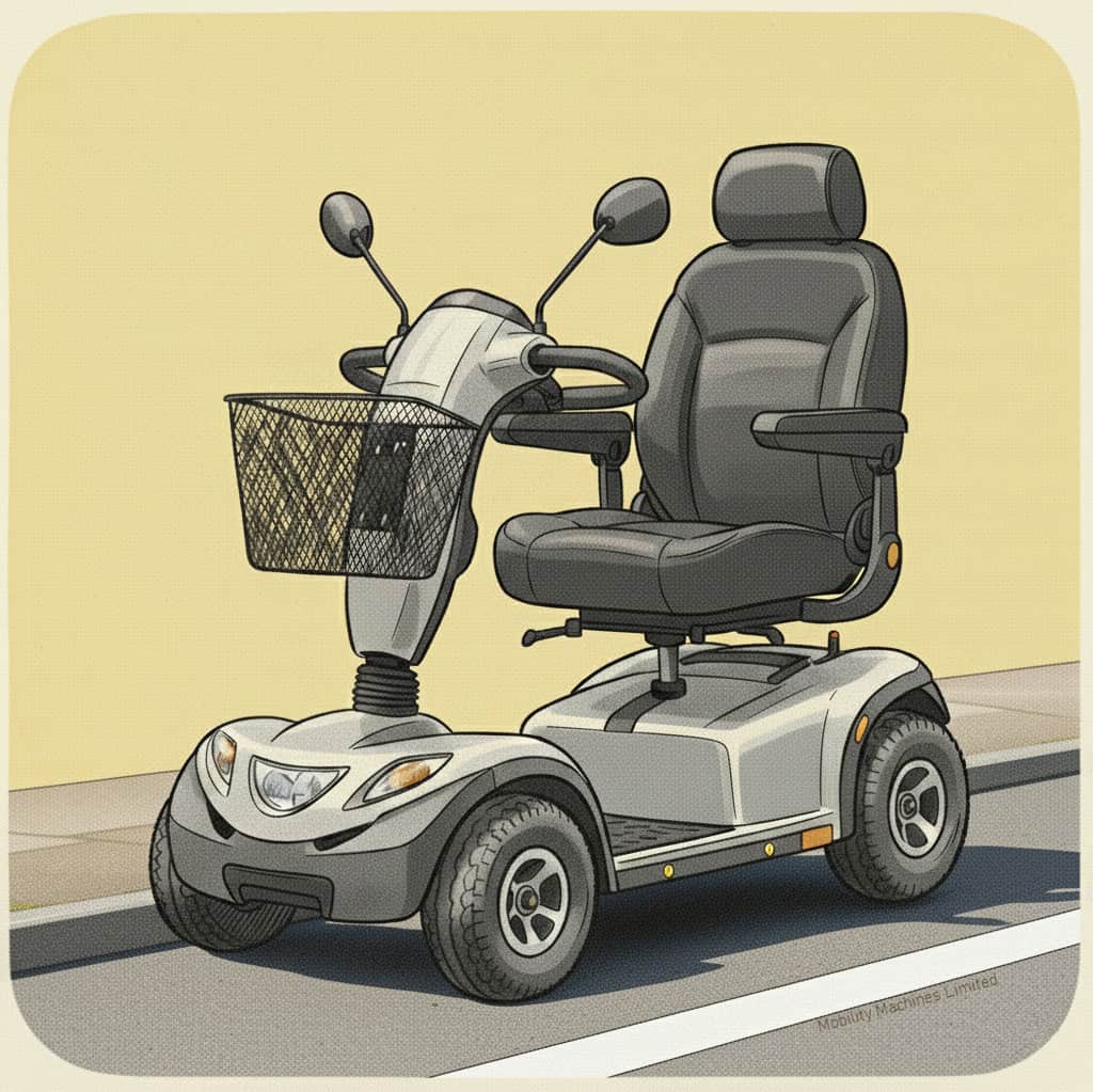 Gray mobility scooter with padded seat, front basket, and four wheels