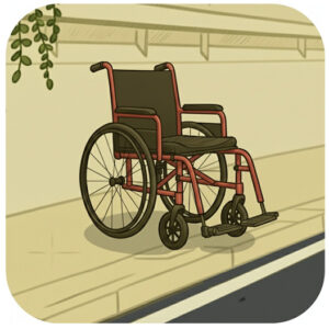 Red and black manual wheelchair positioned on concrete surface outdoors