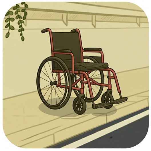 Red and black manual wheelchair positioned on concrete surface outdoors