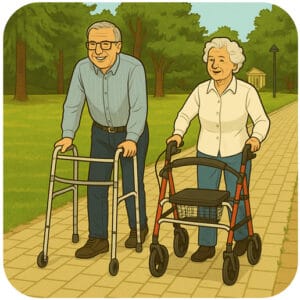 Elderly couple walking with mobility aids - man with walker, woman with rollator in park