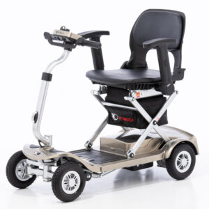 Kymco K-Lite FE folding mobility scooter in champagne and black, three-quarter view showing compact lightweight design