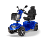 Blue Scooterpac Ignite Mini mobility scooter with black seat, front three-quarter view