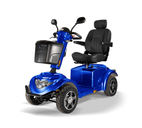 Blue Scooterpac Ignite Mini mobility scooter with black seat, front three-quarter view