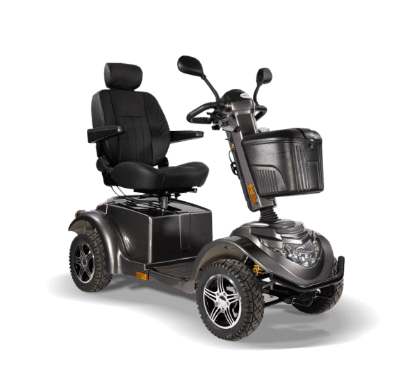Scooterpac Ignite Mini mobility scooter three-quarter view showing black seat, suspension, and front basket