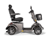 Scooterpac Ignite Mini mobility scooter side profile view showing black seat, silver body, and rugged tires