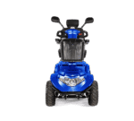 Blue Scooterpac Ignite Mini mobility scooter front view with headlight and chunky tires