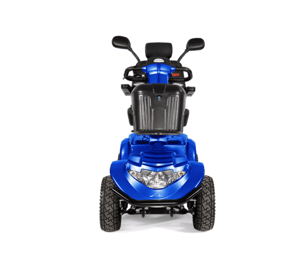 Blue Scooterpac Ignite Mini mobility scooter front view with headlight and chunky tires