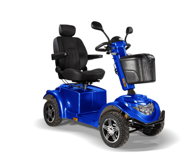 Blue Scooterpac Ignite Mini 8mph mobility scooter with black seat, front basket, three-quarter view