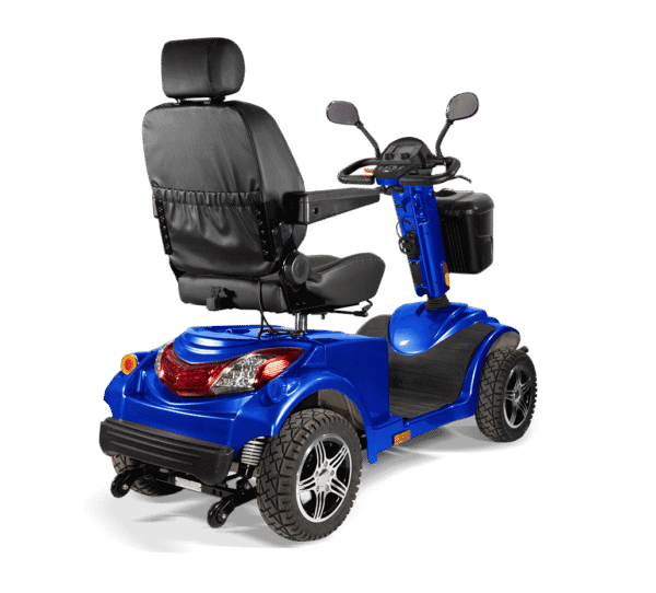 Blue Scooterpac Ignite Mini mobility scooter rear three-quarter view showing suspension and wheels