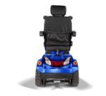 Scooterpac Ignite Mini mobility scooter rear view showing blue body, black seat, and rugged tires