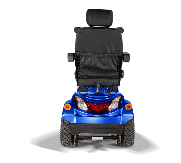 Scooterpac Ignite Mini mobility scooter rear view showing blue body, black seat, and rugged tires