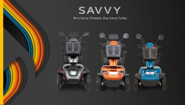 Scooterpac Savvy mobility scooters in grey, orange and blue models shown from rear view