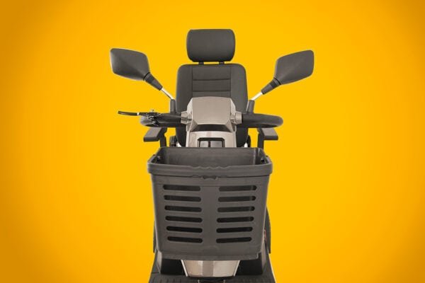 Scooterpac Savvy 8 Plus mobility scooter front view showing seat, handlebars and front basket