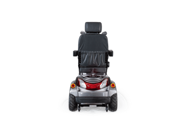 Scooterpac Tandem mobility scooter rear view showing black seat, taillights and rugged tires