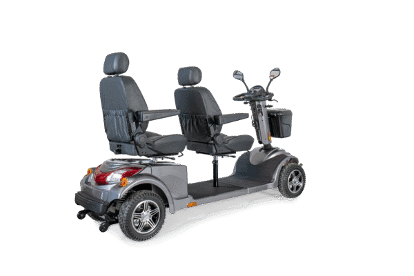 Scooterpac Tandem mobility scooter rear three-quarter view showing dual seats and four-wheel design