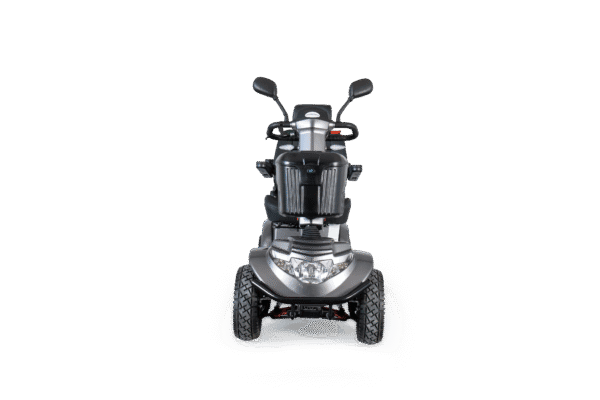 Scooterpac Tandem mobility scooter front view showing dual seating, handlebars, and rugged tires