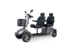 Scooterpac Tandem two-person mobility scooter side view showing dual seats and controls