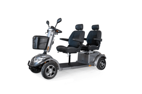 Scooterpac Tandem two-person mobility scooter side view showing dual seats and controls