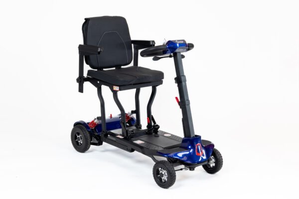 Monarch Genie blue lightweight folding mobility scooter three-quarter view showing padded seat and handlebars