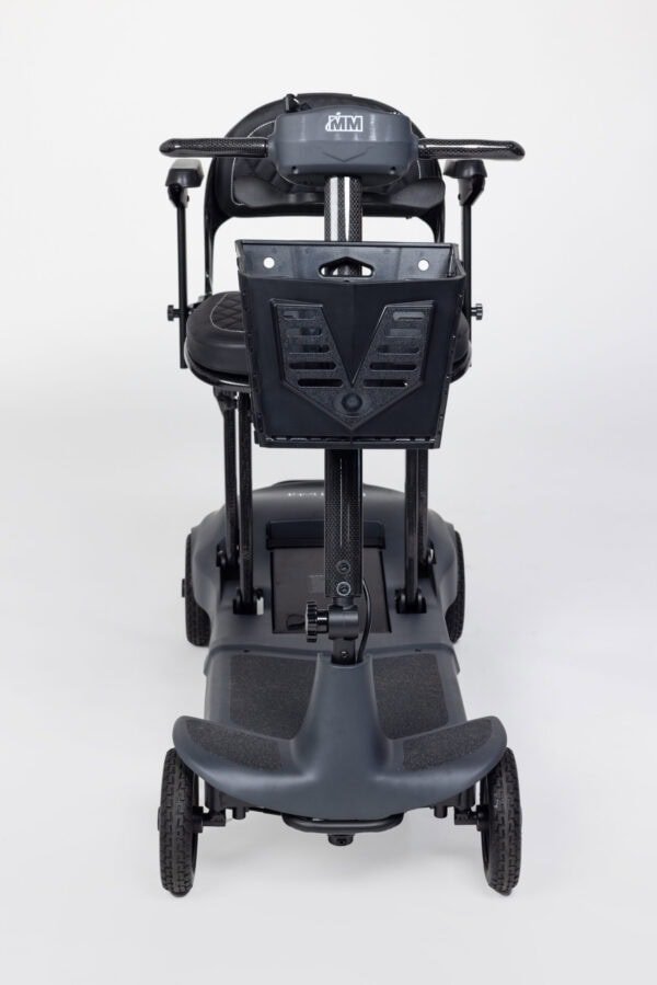 Monarch Genie Ultralight Mobility Scooter front view showing black frame, seat, and handlebars