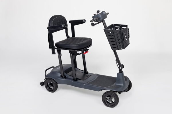 Monarch Genie ultralight mobility scooter three-quarter view showing black seat, basket, and compact 4-wheel design
