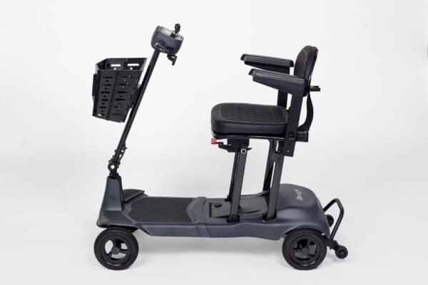 Monarch Genie Ultralight Mobility Scooter side view showing black frame, seat, and basket