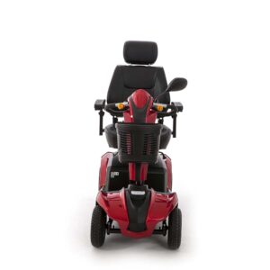 Red MM8 Marvel Class 3 mobility scooter front view with black seat and headrest