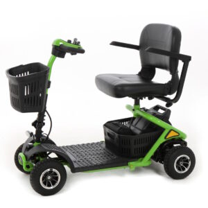 Green and black Mini 4 foldable mobility scooter with basket, side view