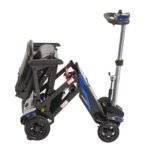 Monarch Smarti folding mobility scooter shown folded from side angle with steering column extended