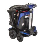 Monarch Smarti mobility scooter in blue and black, rear three-quarter view showing folded compact design
