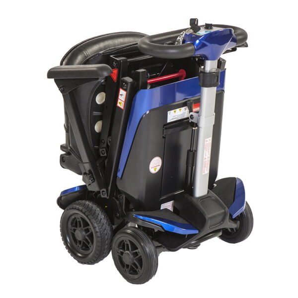 Monarch Smarti mobility scooter in blue and black, rear three-quarter view showing folded compact design
