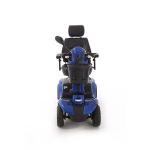 Monarch Sprint 8 blue mobility scooter front view with black seat and headrest