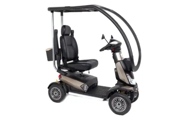 Storm+ Class 3 mobility scooter with hard canopy, three-quarter rear view, black seat and protective roof