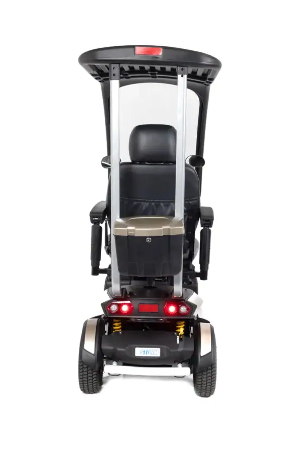 Storm+ Class 3 mobility scooter rear view showing hard canopy, tail lights, and suspension system