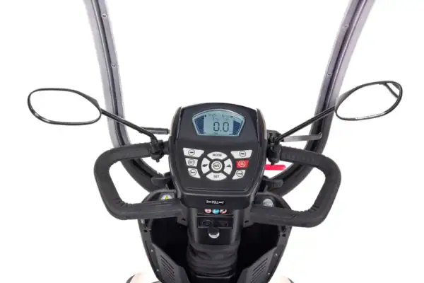 Storm+ mobility scooter handlebars and control panel detail view with display and mirrors