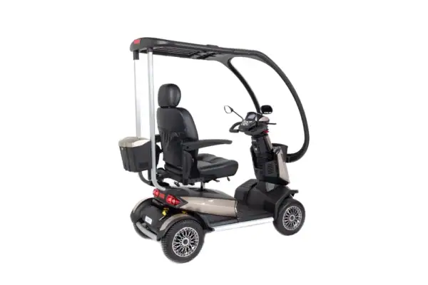 Storm+ Class 3 mobility scooter with hard canopy - three-quarter rear view showing black seat and silver frame