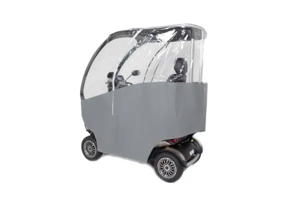 Storm+ mobility scooter with hard canopy and weather protection cover, side view