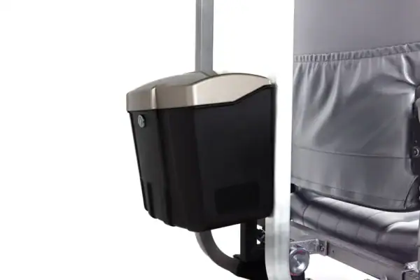 Storm+ mobility scooter black storage basket detail with silver trim and gray seat
