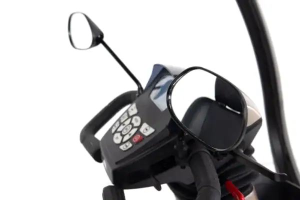 Storm+ mobility scooter handlebar detail view showing control panel, mirrors, and steering tiller